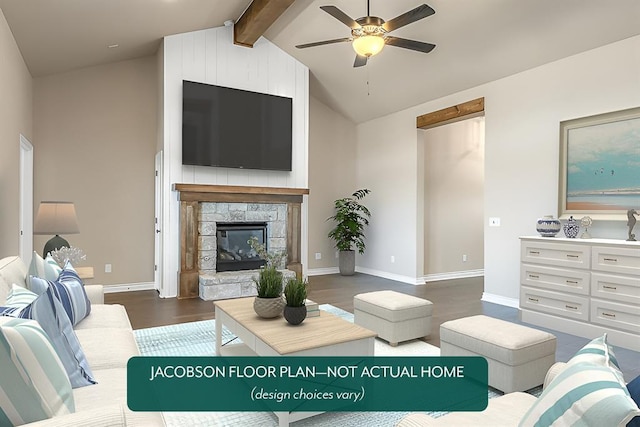 living room with dark wood-type flooring, ceiling fan, a fireplace, and lofted ceiling with beams