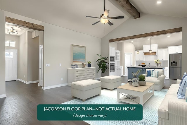 living room with sink, ceiling fan, beam ceiling, high vaulted ceiling, and wood-type flooring