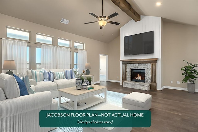 living room with beamed ceiling, wood-type flooring, a stone fireplace, and high vaulted ceiling