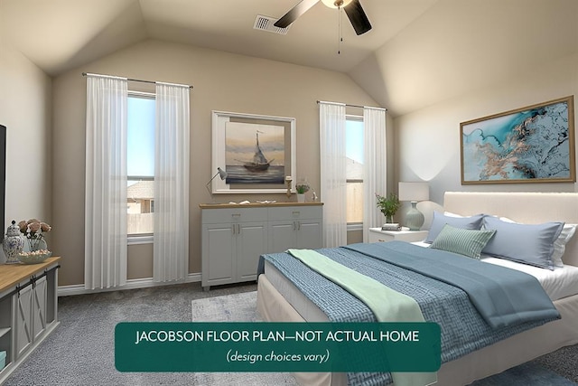 carpeted bedroom featuring lofted ceiling and ceiling fan