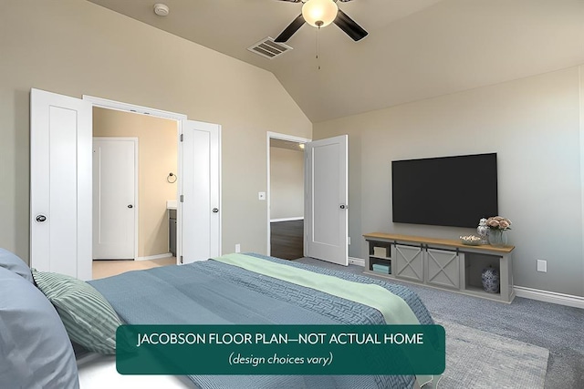 carpeted bedroom featuring ceiling fan and vaulted ceiling