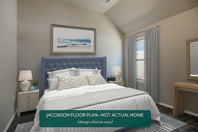 bedroom with vaulted ceiling and dark colored carpet