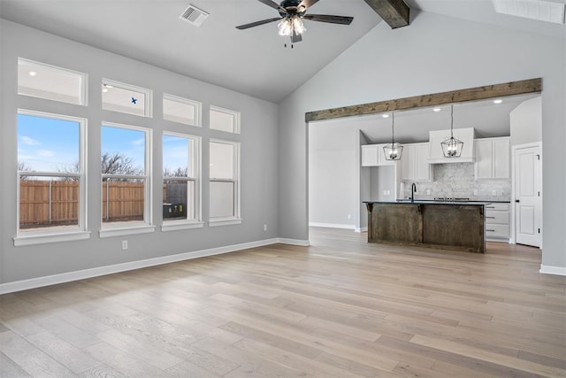 unfurnished living room featuring ceiling fan, light wood-style flooring, a sink, visible vents, and beam ceiling