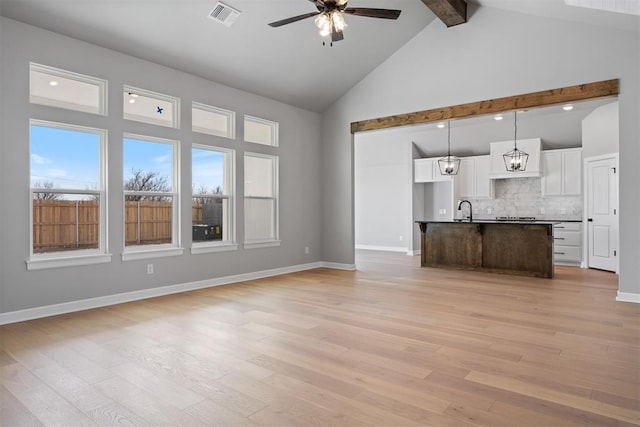 unfurnished living room with ceiling fan, high vaulted ceiling, light wood-style flooring, a sink, and visible vents