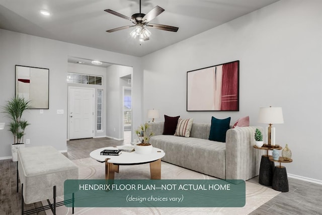 living room featuring light hardwood / wood-style flooring and ceiling fan