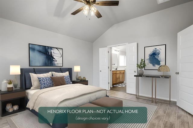 bedroom with ceiling fan, ensuite bath, vaulted ceiling, and light hardwood / wood-style flooring