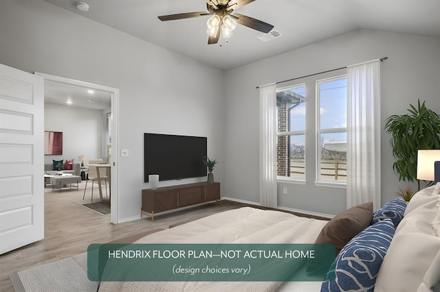 living room featuring hardwood / wood-style flooring, lofted ceiling, and ceiling fan