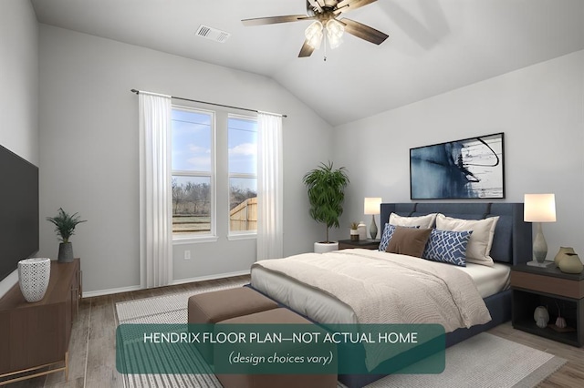 bedroom featuring hardwood / wood-style flooring, vaulted ceiling, and ceiling fan