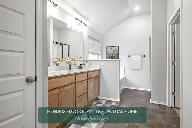 bathroom featuring lofted ceiling, vanity, and separate shower and tub