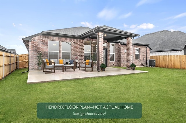 rear view of house featuring cooling unit, a yard, outdoor lounge area, and a patio area