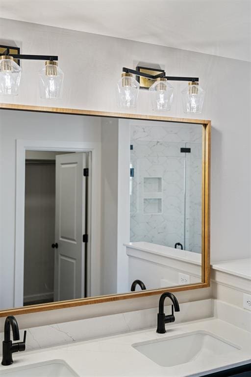 13325 SW 8th St, Yukon, OK 73099 - bathroom with double vanity, a marble finish shower, and a sink