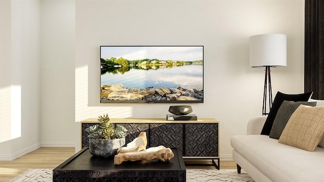 living area featuring light hardwood / wood-style floors and a water view