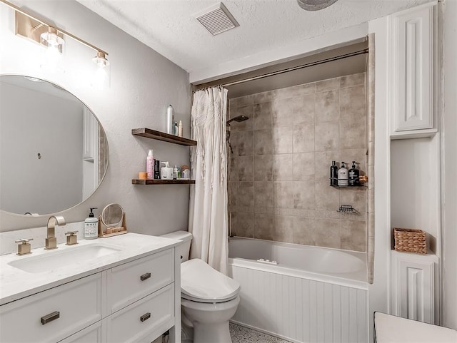 full bathroom with vanity, shower / bathtub combination with curtain, a textured ceiling, and toilet