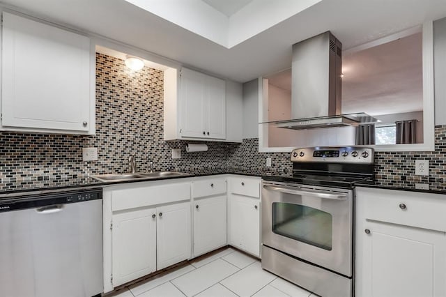 kitchen featuring white cabinetry, sink, backsplash, island exhaust hood, and stainless steel appliances