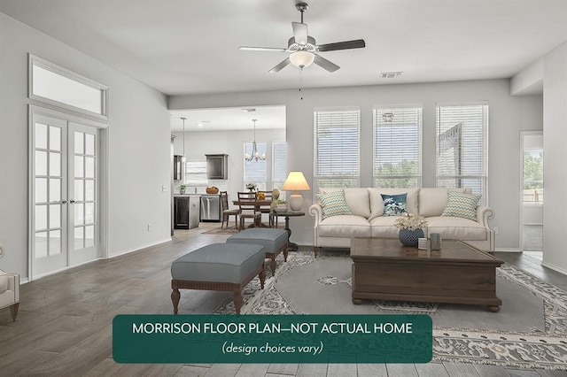 living room with dark hardwood / wood-style flooring, ceiling fan with notable chandelier, and french doors