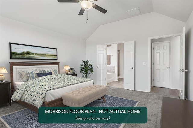 bedroom with ceiling fan, lofted ceiling, connected bathroom, and carpet