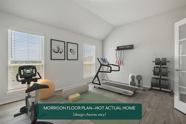 exercise area featuring vaulted ceiling and wood-type flooring