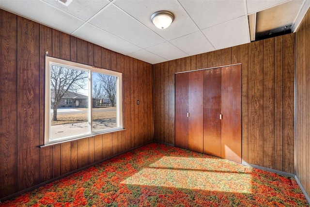 interior space featuring a closet, carpet flooring, and wood walls