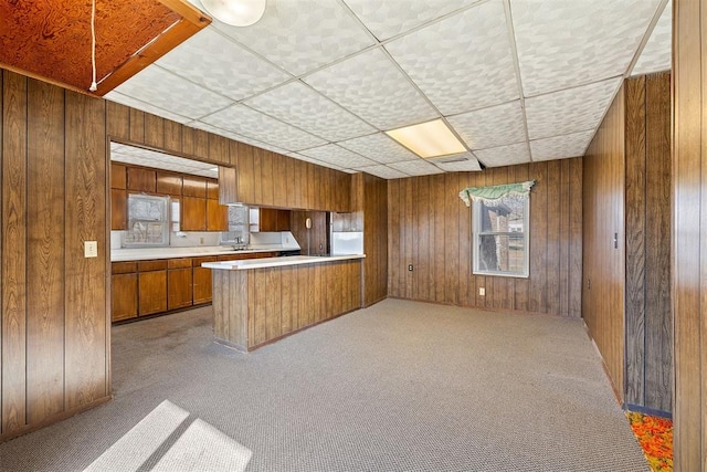 kitchen with light colored carpet, kitchen peninsula, and wood walls