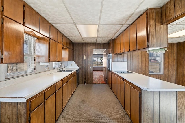 kitchen featuring sink, stainless steel oven, black electric stovetop, and wood walls