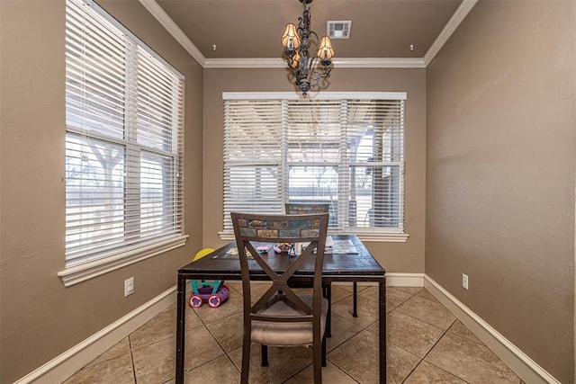 tiled office featuring crown molding and a chandelier