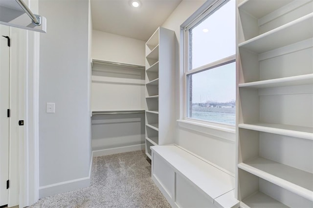 walk in closet featuring light carpet