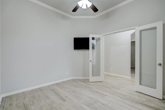 unfurnished bedroom with french doors, ceiling fan, ornamental molding, and light hardwood / wood-style flooring