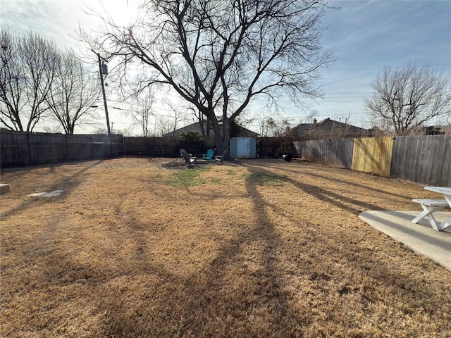 view of yard with a patio and a shed