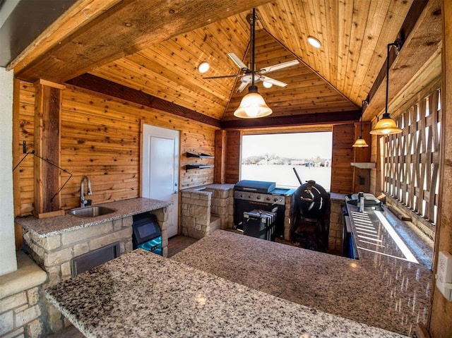 7 Country Club Rd, Shawnee, OK 74801 - kitchen with wood ceiling, wooden walls, sink, and a wealth of natural light