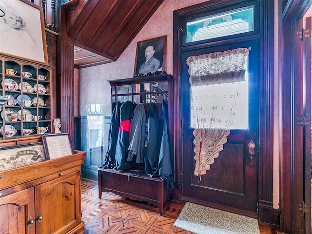 506 S Evans Ave, El Reno, OK 73036 - mudroom with light parquet flooring and lofted ceiling
