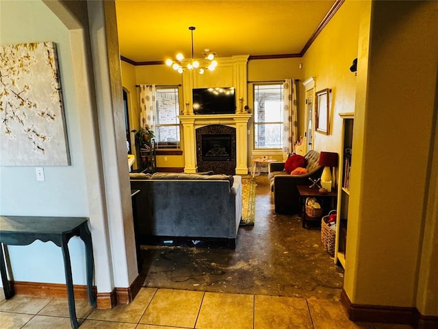 living room with tile patterned flooring, ornamental molding, and a chandelier