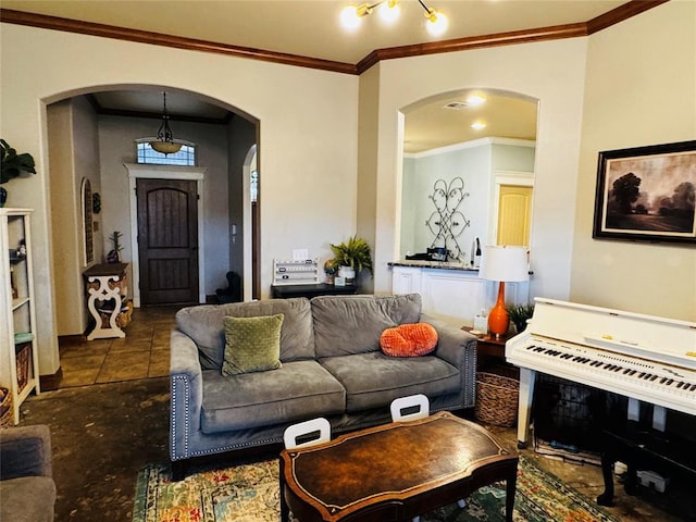 tiled living room with ornamental molding