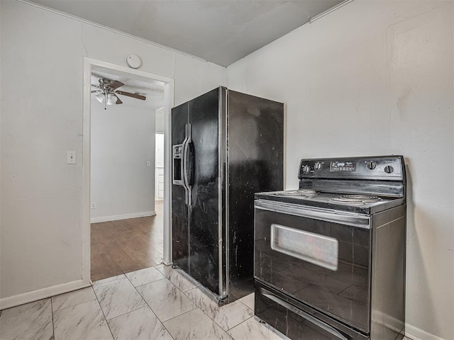 kitchen with ceiling fan and black appliances