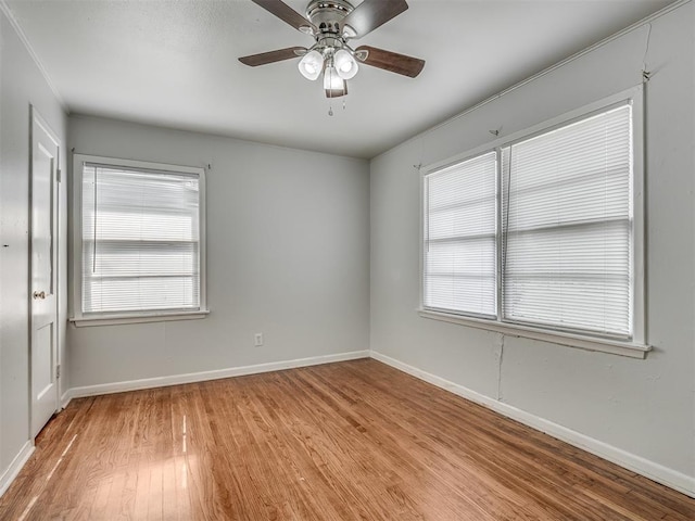 unfurnished room with ceiling fan and light wood-type flooring