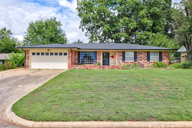 ranch-style home featuring a garage and a front lawn