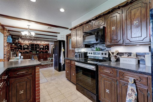 kitchen featuring pendant lighting, beamed ceiling, stainless steel range with electric cooktop, and a textured ceiling