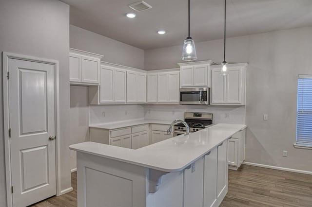 kitchen with hanging light fixtures, stainless steel appliances, hardwood / wood-style floors, and white cabinets