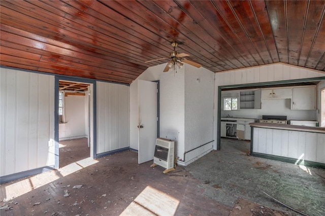 321 N Carol Ter, Mustang, OK 73064 - unfurnished living room with heating unit, vaulted ceiling, wooden ceiling, and plenty of natural light
