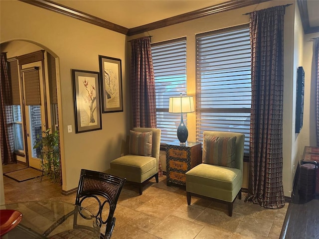 living area with ornamental molding