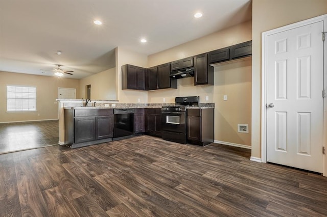 kitchen featuring sink, dark wood-type flooring, ceiling fan, black appliances, and dark brown cabinets