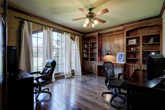 office featuring hardwood / wood-style floors, ornamental molding, and ceiling fan