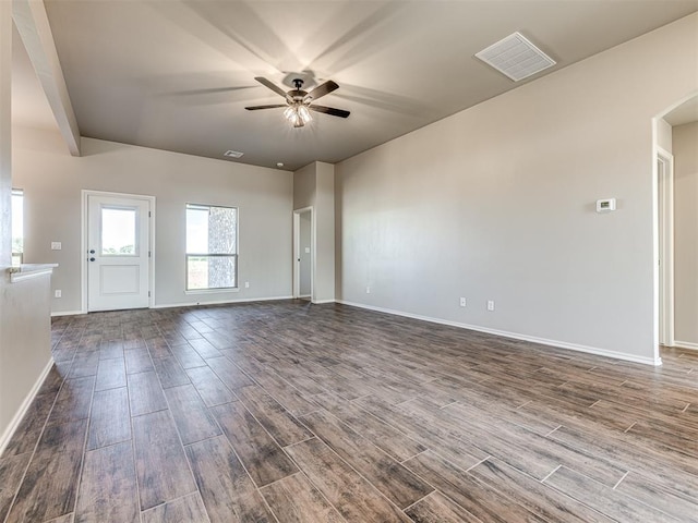 unfurnished room with ceiling fan and wood-type flooring