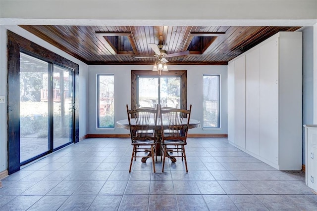 tiled dining room featuring wood ceiling, a healthy amount of sunlight, and crown molding