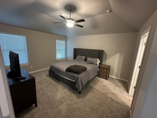 bedroom with lofted ceiling, carpet flooring, and ceiling fan