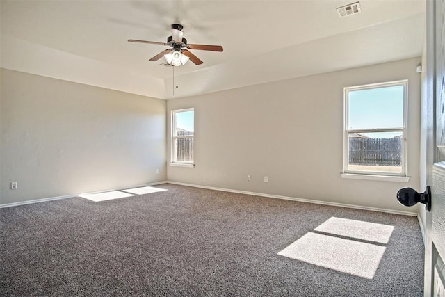 carpeted spare room with a raised ceiling, a healthy amount of sunlight, and ceiling fan