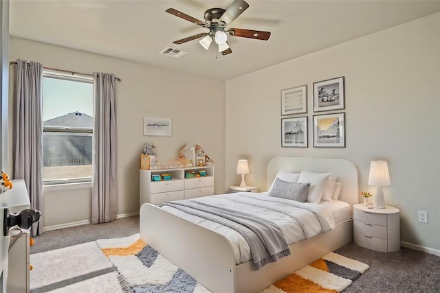 bedroom with light carpet and ceiling fan