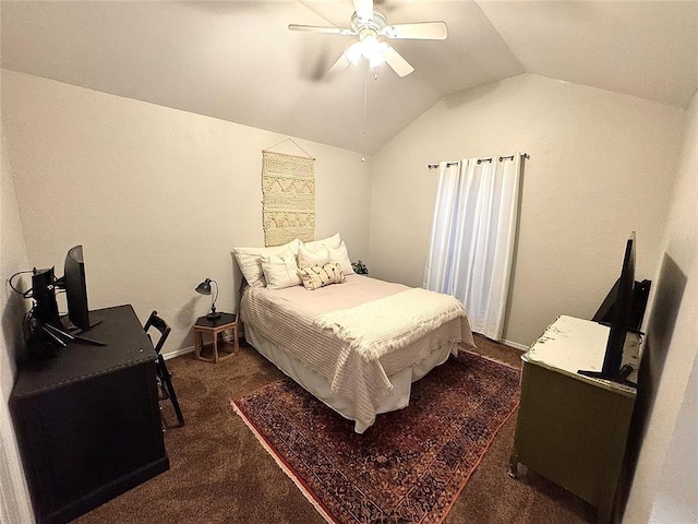 carpeted bedroom featuring lofted ceiling and ceiling fan