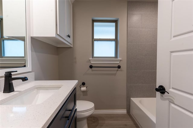 bathroom with vanity, toilet, and wood-type flooring