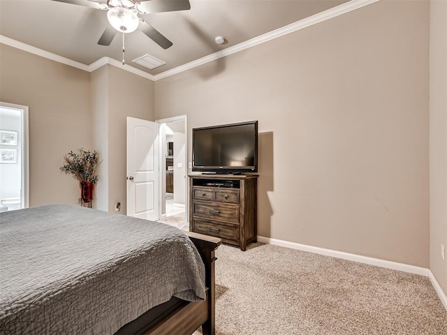 bedroom featuring crown molding, carpet floors, and ceiling fan