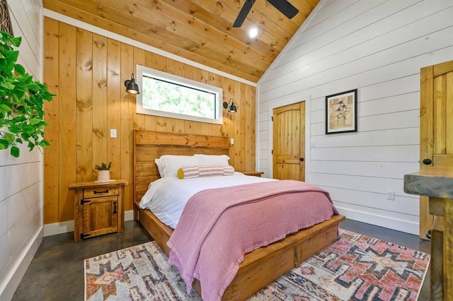 bedroom with wood ceiling, ceiling fan, lofted ceiling, and wood walls